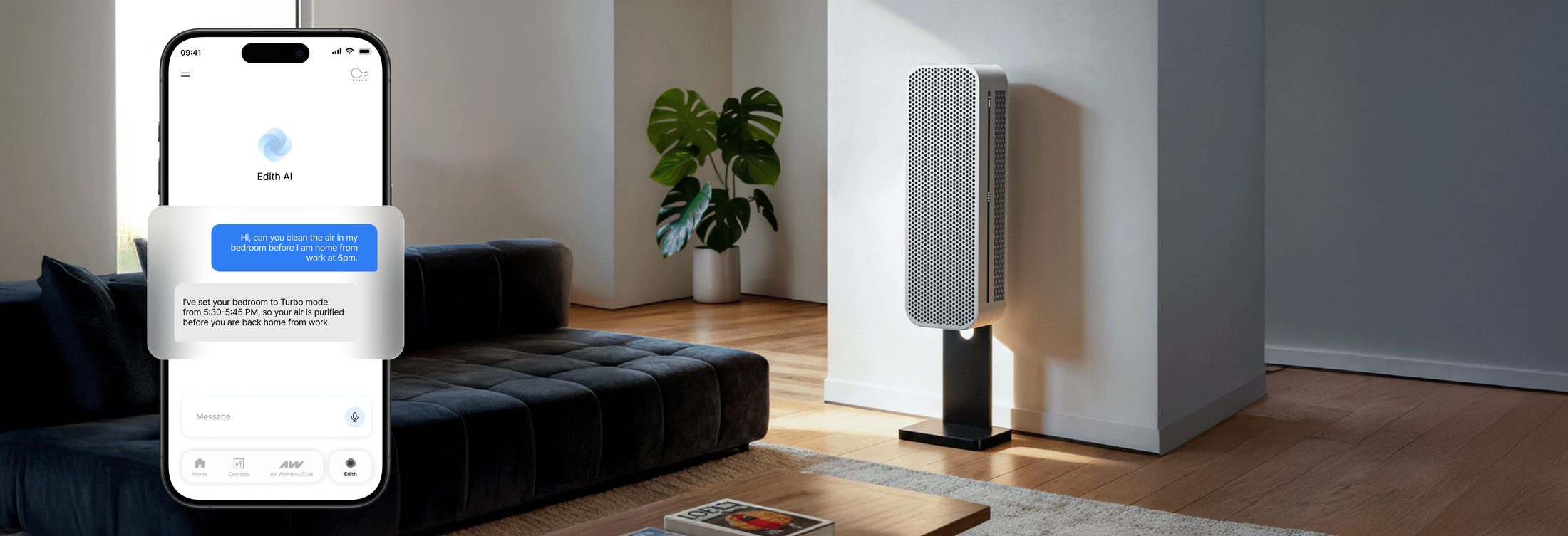 HIVE in a living room with the Praan app's Edith AI assistant setting the bedroom to Turbo mode