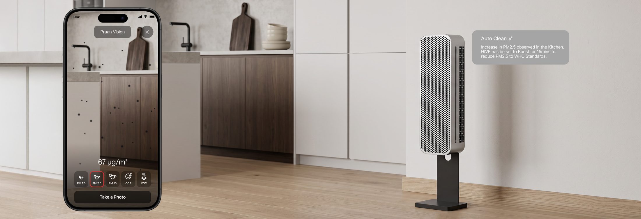 HIVE in a kitchen while the Praan app's Vision mode shows PM2.5 in the air and Auto Clean boosts the purifier